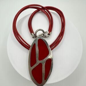 MWS Mexico vintage 925 sterling silver red jasper leather cords necklace